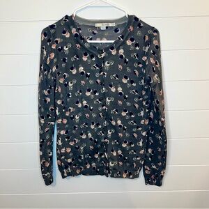 Boden Gray Pink Abstract Cardigan Multicolor Floral Design 100 % Wool Size 6